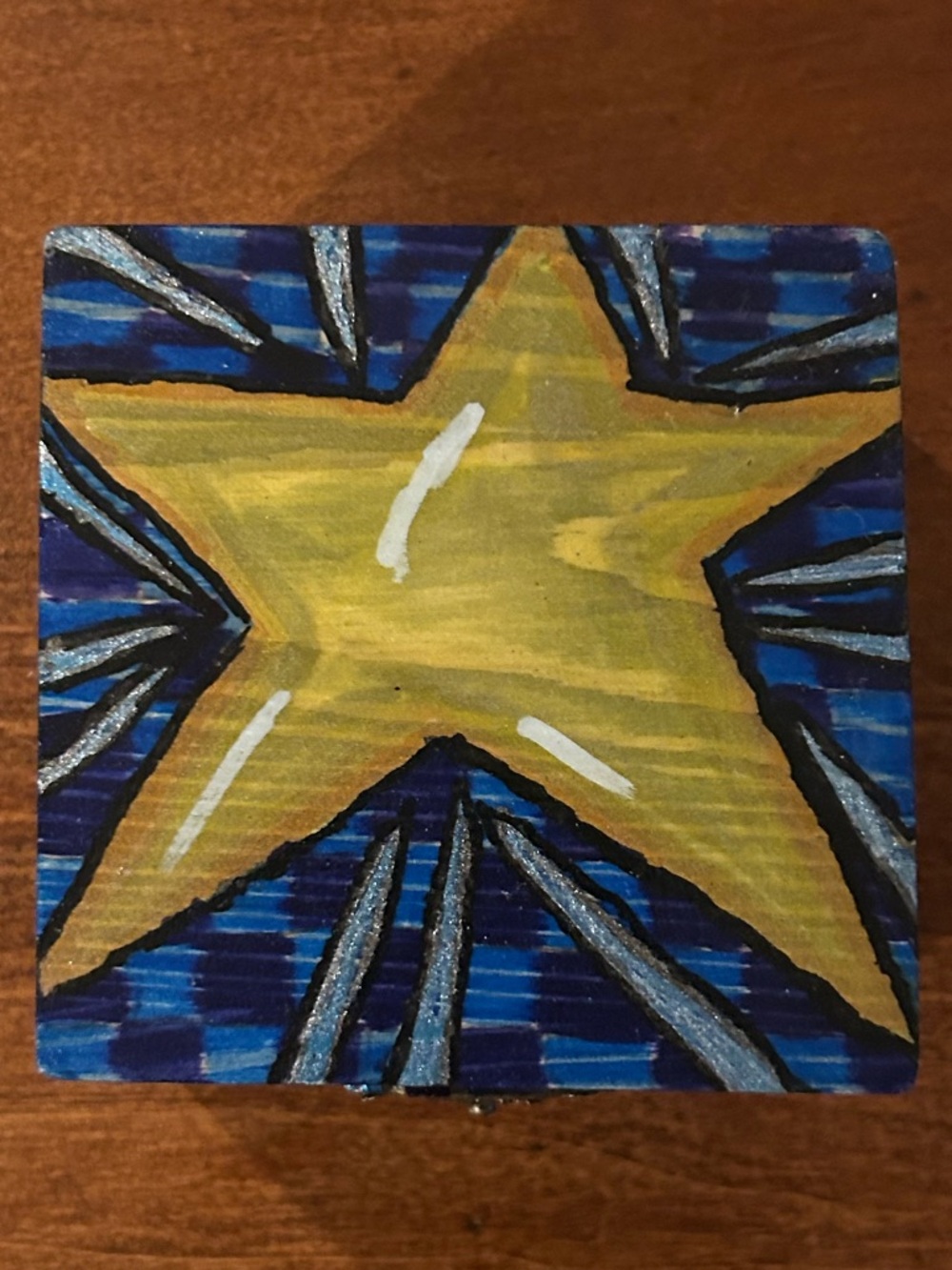 Hand-Painted Yellow Star Art Wooden Box